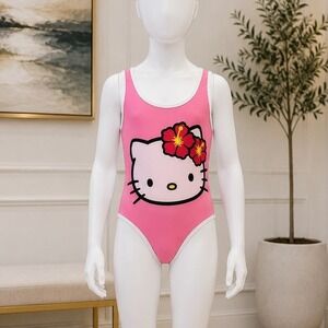 Hello Kitty Girls One Piece Swimsuit Pink Hibiscus Graphic UPF 50+ L 10-12
